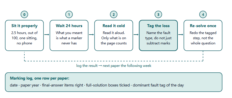 Five-step self-marking loop: sit the paper, wait 24 hours, read it cold, tag the loss, re-solve one step, then log the result and move to the next paper